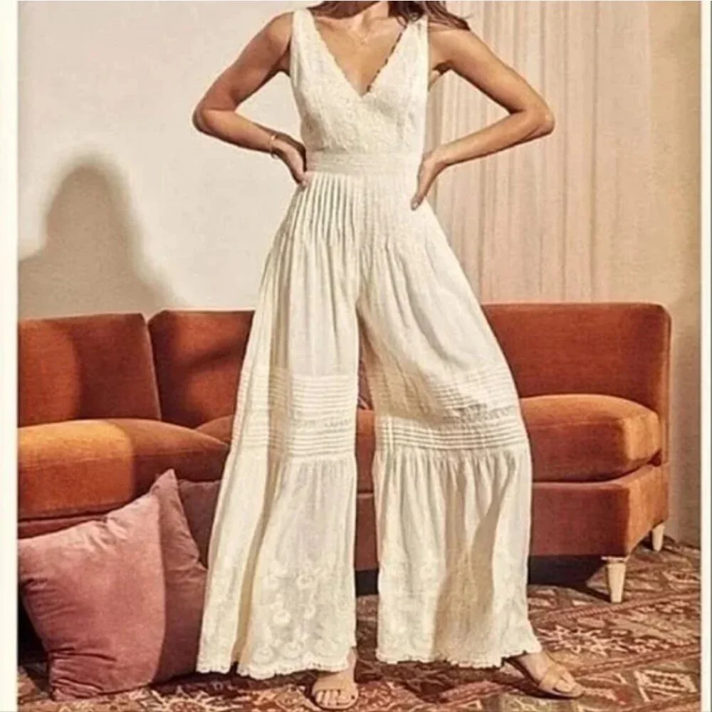 Free People Paloma Wide Leg Jumpsuit Creamy Combo